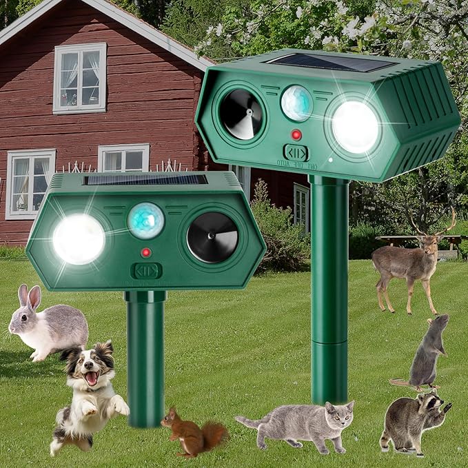 2Pack 2026 Ultrasonic Animal Repellent Outdoor Deer Repellent Devices Solar Animal Repeller Motion Activated Deterrent to Scare Cat Squirrel Rabbit Raccoon Skunk with LED Flash Lights for Yard Lawn