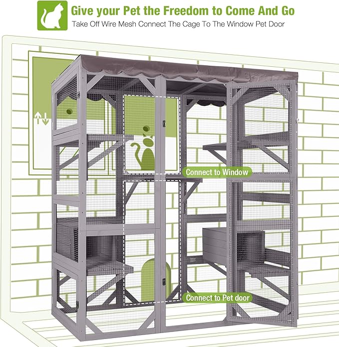 GUTINNEEN Catio Outdoor Cat Enclosure Large Walk in Window Cat House for Mulitiple Cats with 7 Platforms and 2 Resting Box,Tarp Roof,71 inch