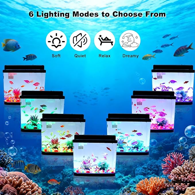 Mini Aquarium Fish Tank,1 Gallon Fish Bowl with Adjustable 6-Color LED Lamps,Filtration,Oxygenation,Water Circulation 3 in 1 Pump,DIY Ocean Stickers, Excellent Gifts for Children and Adults