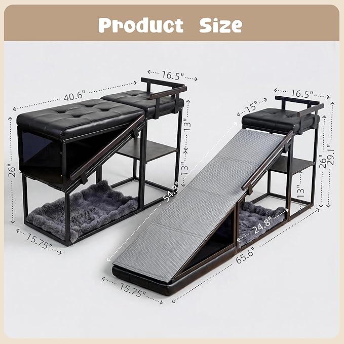 4-in-1 Dog Ramp, 65" X 26" X 17" Storage Ottoman Bench Upholstered Padded with Solid Wood Shelf, Foldable Pet Stairs Non-Slip Silicone Surface - Safety Railings Load up to 220 lb (Black)