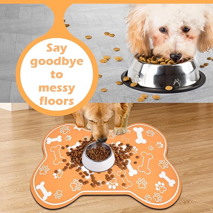 Dog Cat Mat for Food and Water,Rapid Absorbent Pet Feeding Mat, Bone Shaped Dog Placemat Bowl Mat with Rubber Backing,No Stains Pet Food Mats Indoor, Pet Accessories Supplies,Orange 17"×29"