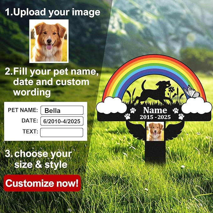 Pet Grave Markers Dog,Metal Pet Headstone for Lost Dog Sympathy Gift,Waterproof Dog Grave Markers for Garden or Indoor,Dog Tombstone Garden Memorial Graves (Rainbow Bridge Dog(Colorful))