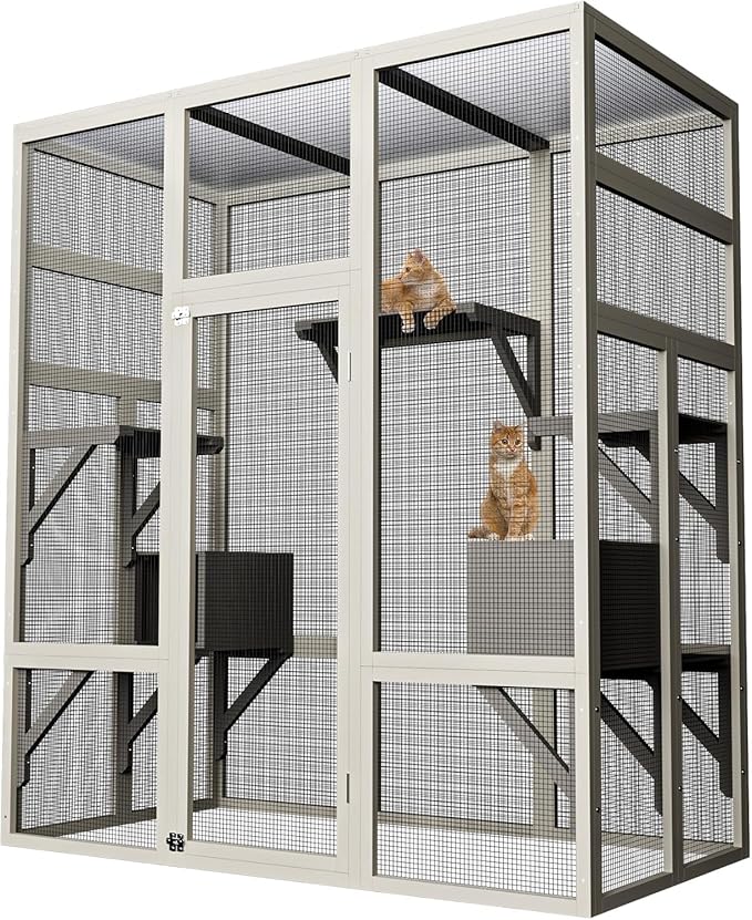 70" Large Outdoor Catio Cat Enclosure, Wood Cat Patio with Waterproof UV-Resistant Roof, Cats Shelter with 5 Platforms and 2 Resting Box, and Secure Rust-Proof Wire for Backyard or Patio
