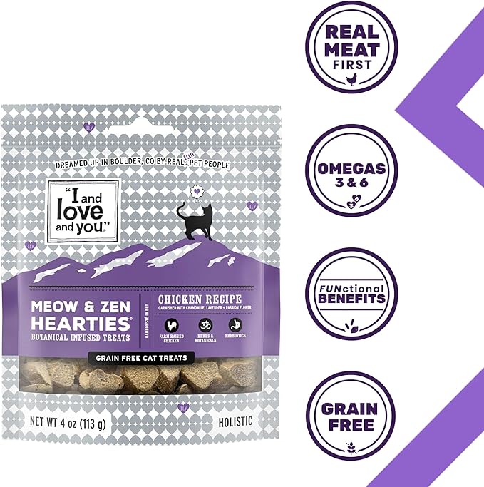 Meow and Zen Hearties, Coat Support Grain Free Cat Treats, Salmon Recipe With Omegas 3 and 6, Model Number: T11305, 4 Ounce (Pack of 8)