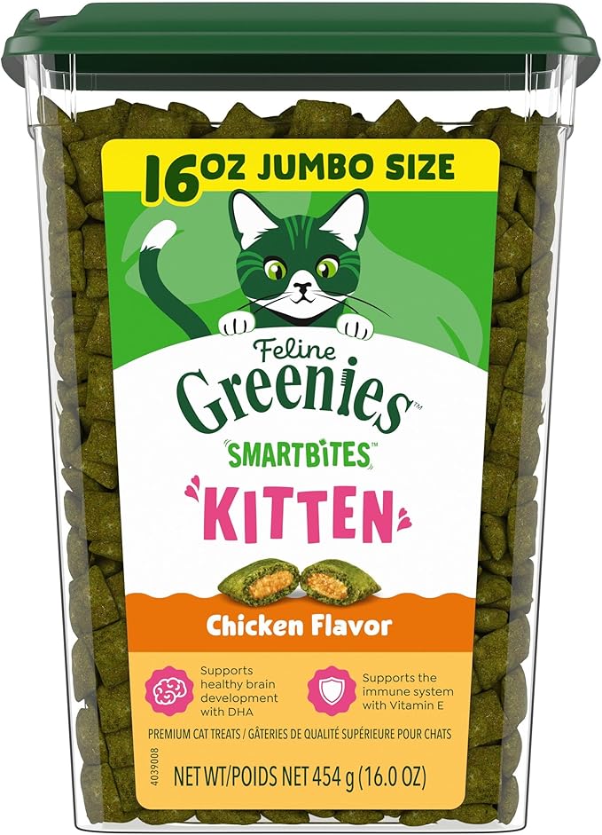 Greenies Feline Smartbites Healthy Kitten Treats for Indoor Kittens, Crunchy and Soft Natural Cat Treats, Chicken Flavor, 16 oz. Tub
