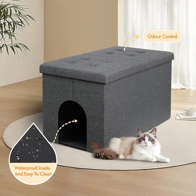 Cat Litter Box Enclosure Furniture for Odor Control, Hidden Cabinet Cats Litter Ottoman with Flip-Up Lid,Cat Litter Box Bench with Storage Space, Dog Proof(Grey, X-Large)