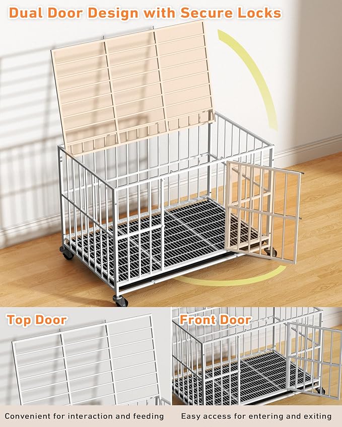 White 48 Inch Heavy Duty Dog Crate with Double Doors and Lockable Wheels, Large Dog Kennel Indoor, Removable Tray for Easy Cleaning, Dog Cage for Medium to Large Breeds and High Anxious Dogs
