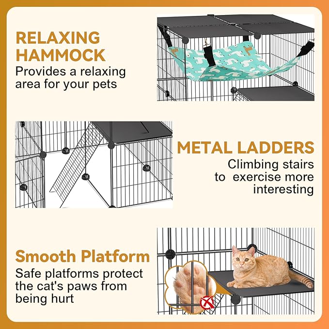 Cat Cage, 4-Tier DIY Cat Enclosures Catio, Cat Playpen Indoor & Outdoor with Hammock, Detachable Metal Wire Kennel Cats Crate, 2x2x4 Exercise Place for 1-3 Cats/Kitten