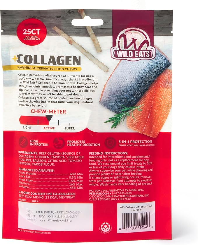 Wild Eats Collagen Real Salmon Sticks for Dogs 25ct - Long Lasting Dog Chews No Hide Dog Treat Bully Stick Alternative, Rawhide Free, Grain Free, High Protein