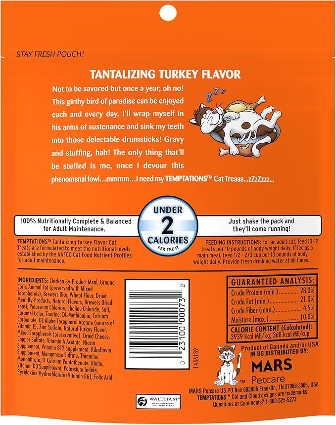 Temptations Cat Treats, Classic Crunchy and Soft Cat Treats, Tantalizing Turkey Flavor, 6.3 oz. Pouch (Pack of 10)