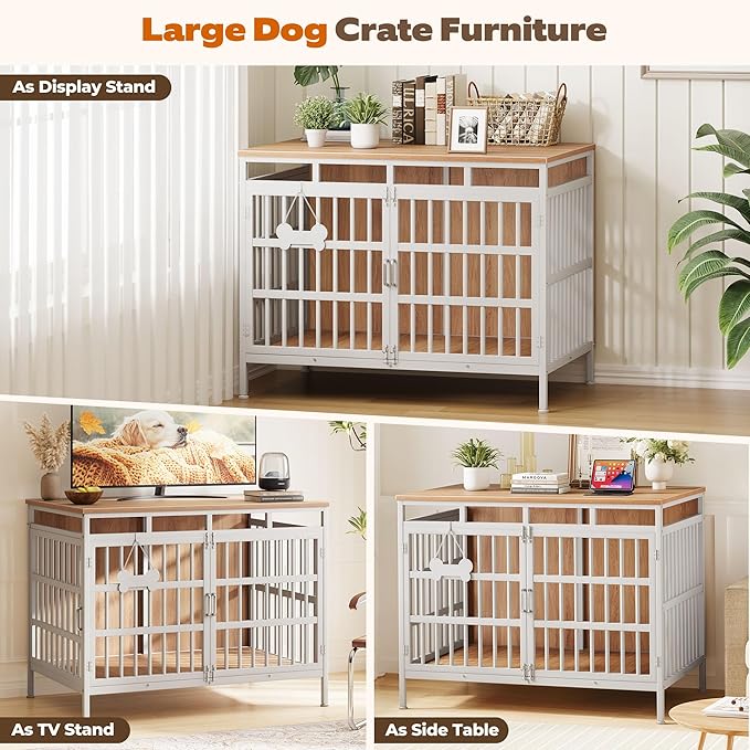 Extra Large Dog Crate Furniture, Heavy Duty Dog Kennel for Small Medium Large Dogs, Double Doors Indoor Decor Pet House Cage, Anti Escape Wooden Dog Cage with Name Tag End Table, TV Stand, Beige