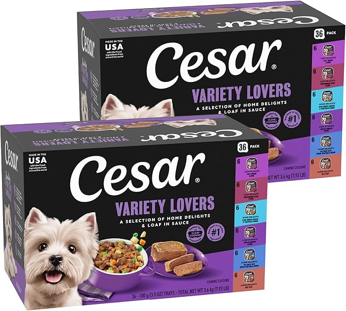 Cesar Home Delights & Classic Loaf in Sauce Wet Dog Food Variety Pack, 3.5 oz. Trays, 36 Count (Pack of 1)