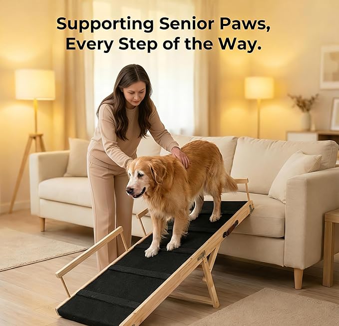 Wooden Pet Ramp for Bed, Foldable Dog Ramp with Removable Side Rails, Lightweight Ramp for Dogs for Large Dogs Senior Cats, Supports up to 100 lbs for Easy Access to Bed or Car (Large)