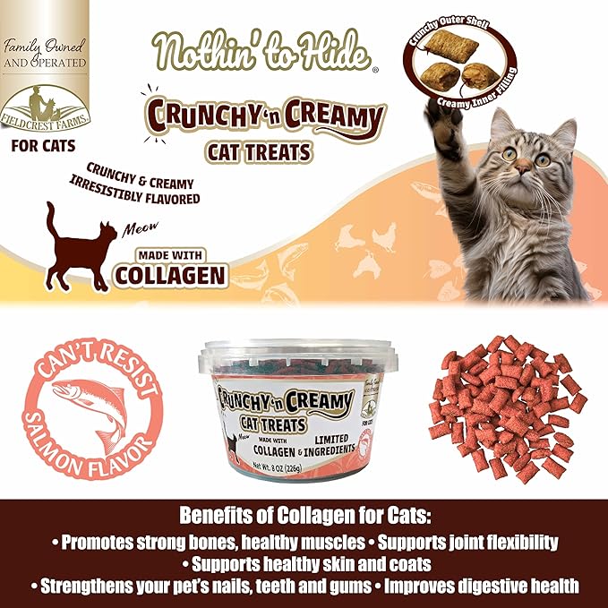 Fieldcrest Farms Nothin’ to Hide Collagen Cat Treats – Crunchy & Creamy Cat Snacks, High-Protein Healthy Treats for Skin, Coat & Joint Support, Salmon Flavor, 8 oz.