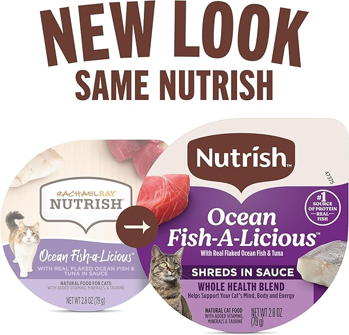Nutrish Grain Free Wet Cat Food Ocean Fish-A-Licious Whole Health Blend with Real Flaked Ocean Fish & Tuna in Sauce, 2.8 oz. Cup (Rachael Ray) (Pack of 12)