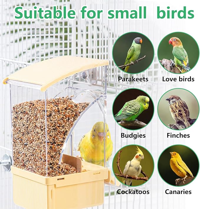 Hamiledyi 2Pcs Automatic Bird Feeder No Mess Bird Cage Feeder Transparent Acrylic Parrot Seed Food Container with Perch Cage Accessories for Parakeet Finch Lovebirds Budgies Canary (Yellow)