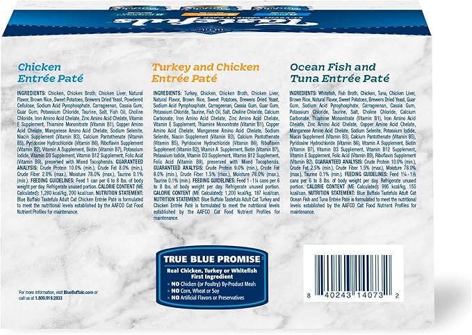 Blue Buffalo Tastefuls Wet Cat Food Paté Variety Pack, Made with Natural Ingredients, Chicken, Turkey & Chicken, Ocean Fish & Tuna Entrées, 5.5-oz Cans (24 Count, 8 of Each)