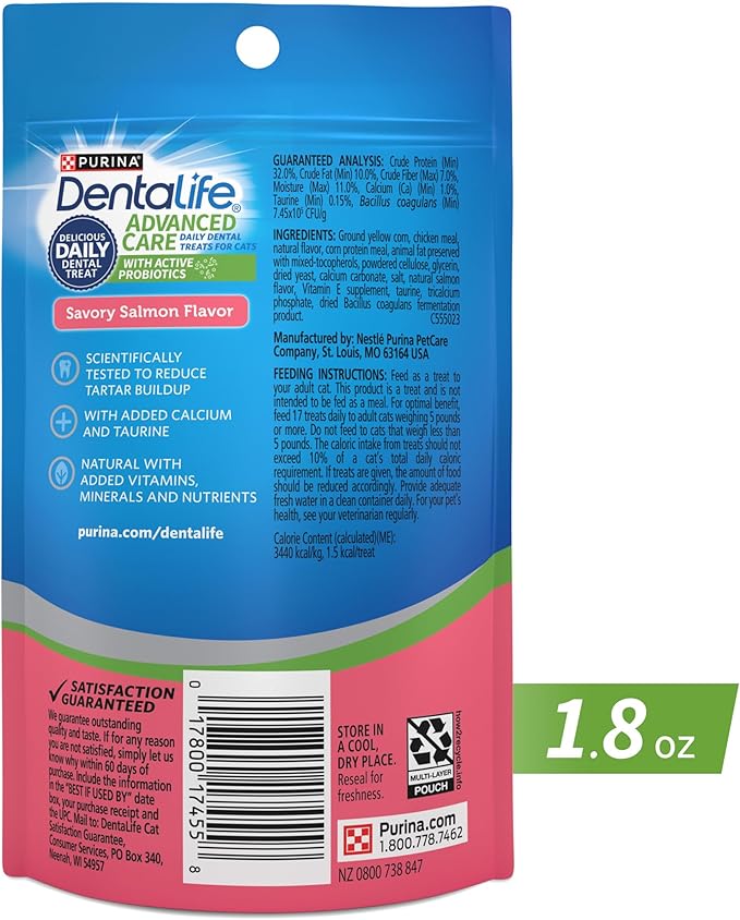 Purina DentaLife Made in USA Facilities Cat Dental Treats, Savory Salmon Flavor - (Pack of 10) 1.8 oz. Pouches