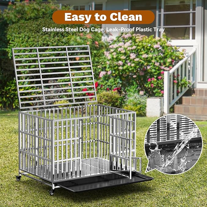 42" Heavy Duty Dog Crate, Escape Proof Stainless Steel Dog Kennel with Top Opening, 4 Lockable Wheels, Easy Clean Metal Dog Cage for Large/High Anxiety Dogs