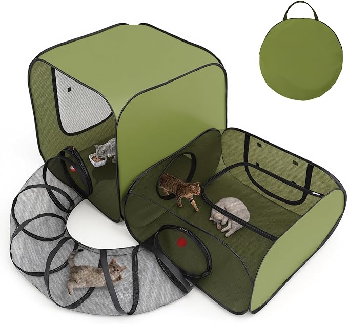 Cat Playpen, 3-in-1 Pop-up Outdoor Cat Enclosure with 2 Rooms 1 Tunnel, Breathable Pet Playpen for Indoor Outdoor Use, Portable Catio Tent with Carry Bag for Kitten Rabbit Small Animals, Green