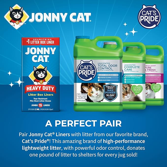 Jonny Cat Litter Box Liners: Heavy Duty - Tear & Leak Resistant - Drawstring Close - Jumbo, 15 Count (Pack of 2)