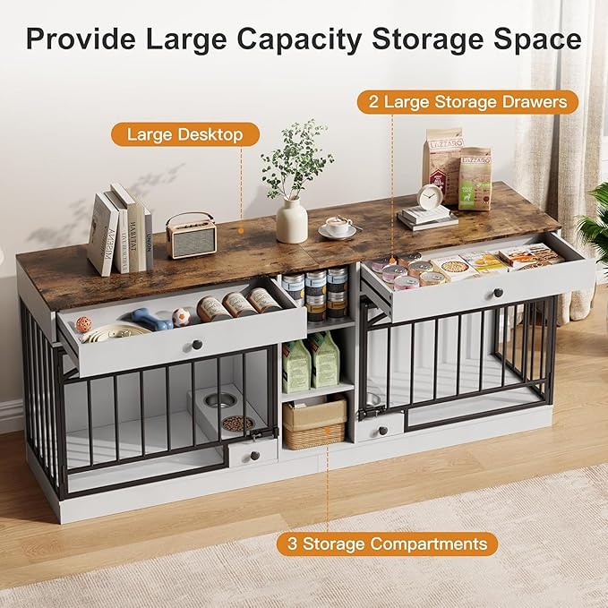 GAOMON Dog Crate Furniture for 2 Dogs, 78.7'' Large Dog Kennel Indoor with 2 Storage Drawers, 3 Shelves and Feeding Bowls, Double Dog Crate TV Stand for Small and Medium Dogs, White