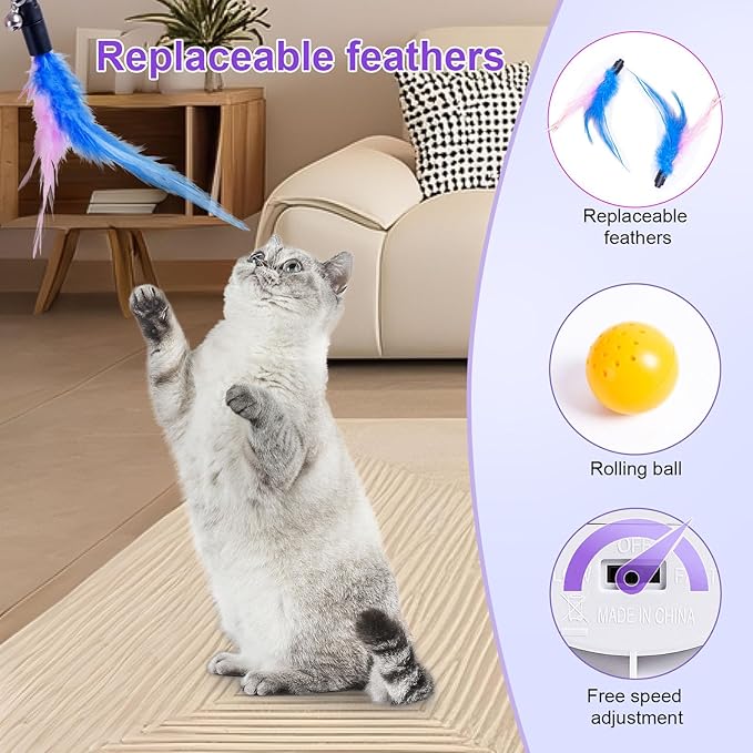 Cat Toys, Interactive Cat Toy for Indoor Cats, Automatic Interactive Kitten Toy, Fluttering Feather, Track Balls, Rotating Track Feather Enrichment Kitty Toys for Multi-cat Family (White)