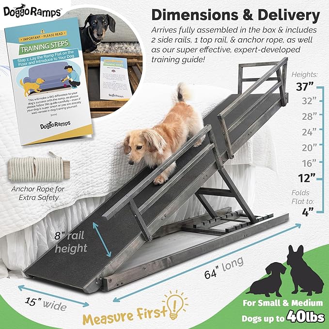 Dog Ramp for Bed, by DoggoRamps – Solid Hardwood Adjustable Dog Ramp for High Beds (up to 37" Tall) with Two-Tier Side Rails & Non-Slip Grip – Small Dog Bed Ramp up to 50lbs – 100% Made in N America