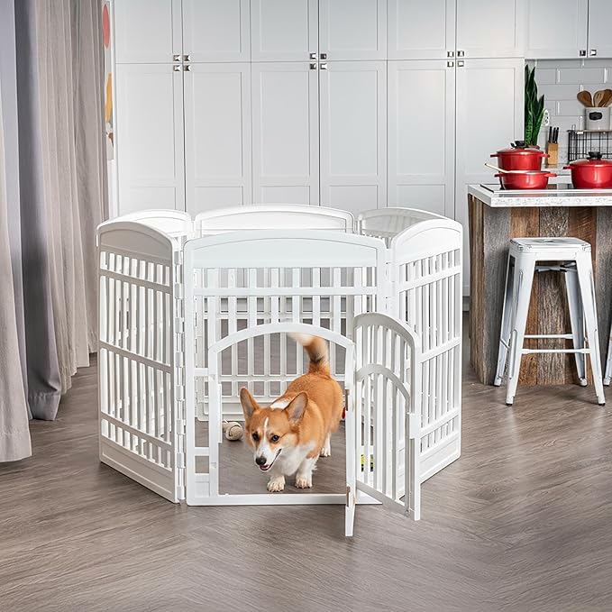 IRIS USA Dog Playpen 34" 6-Panel Dog Playpen with Door, 44 x 63 x 34, Puppy Fence, Puppy Playpen, Dog Play Pen Indoors, Pet Fence, Puppies/Small Dogs, White