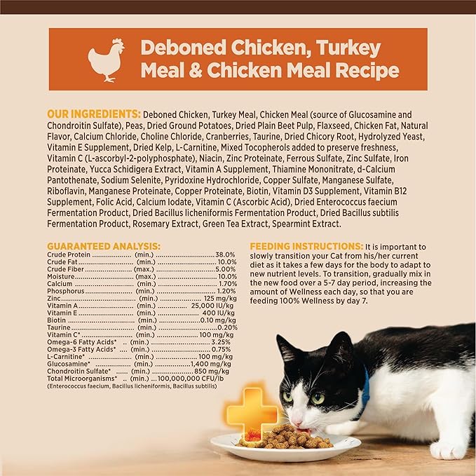 Wellness CORE+ Adult Dry Cat Food for Indoor Cats, Grain-Free, Natural, Chicken, Turkey & Chicken Meal (5 Pound Bag)