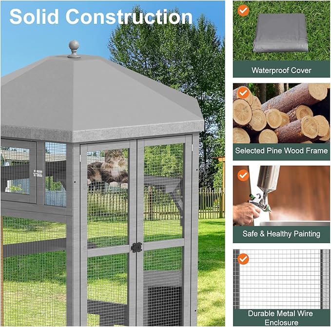 Catio Outdoor Cat Enclosure,Large Cat House Kitty Cage,Indoor Outdoor Cats Outside Patio for Cats with Window Access & Waterproof Roof, Multiple Platforms & Scratching Post, 65" Grey