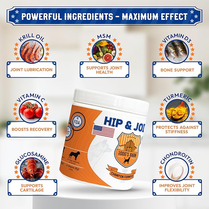 Old Dog's Barn Hip and Joint Supplement for Dogs, 9 oz, Vet-Formulated Formula with Glucosamine, Antarctic Krill Oil,Chondroitin, MSM, Green Lipped Mussel, Vitamins C&D, Omega 3, Beef fl,120 Chews