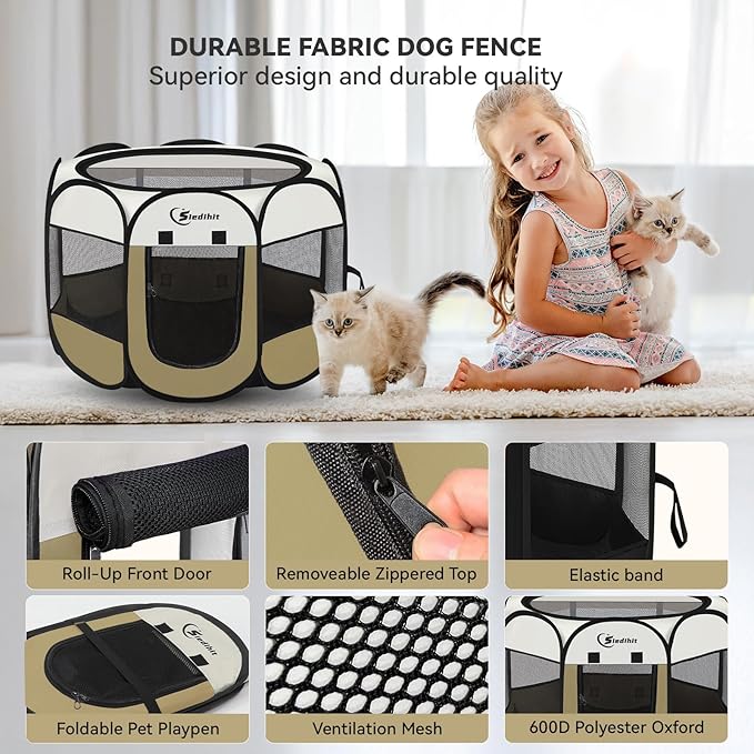 Dog Cat Playpen, Small Puppy Pet Playpen, Dog Crate Tent Cage Indoor/Outdoor, Portable Pop Up Dogs Kennel Playpen with Carrying Case for Dogs/Cats/Rabbits(Khaki, Small)