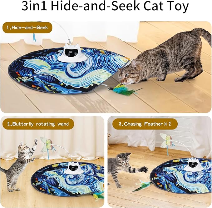 Interactive Automatic Rechargeable Cat Toy – Touch Sensor – Fluttering Butterfly, Feather Wand & Hide and Seek – 360° Random Rotation – Starry Night Design with Remote Control