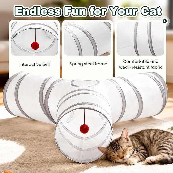 Love’s Cabin Cat Tunnel for Indoor Cats, 3-Way Collapsible Play Tunnel with Teaser Wand, Peek Holes & Toy Ball, Small Pet Toy for Kittens & Rabbits, White & Light Grey, Medium Size