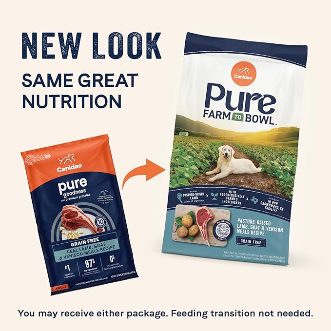 Canidae Pure Farm to Bowl Pasture-Raised Lamb with Goat & Venison Meals, Adult, Grain-Free Dry Dog Food, 4lb