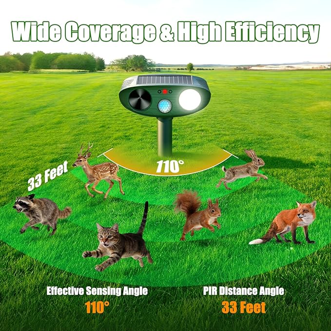 2026 Upgraded Ultrasonic Solar Animal Repellent Outdoor, Deer Repellent Devices Squirrel Cat Raccoon Rabbit Dog Deterrent with Motion Sensor Flash Light for Yard Garden Lawn (4)