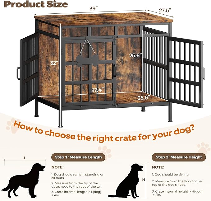 Large Dog Crate Furniture, Wooden Dog Kennel Furniture for Medium Large Dogs, Double-Doors Sturdy Metal Dog Cage for Anxiety Dog, Anti Escape Wooden Cage with Name Tag End Table, TV Stand Brown