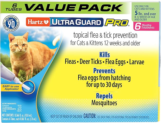 Hartz UltraGuard Pro Topical Flea & Tick Prevention for Cats & Kittens, Over 5 lbs 6 Monthly Treatments