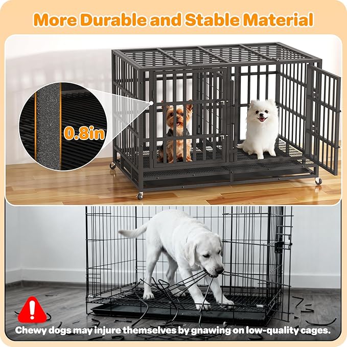 48 Inch Heavy Duty Dog Crate, Indestructible Escape-Proof Dog Kennel for High Anxiety Large Dogs, Strong Metal Pet Cage with Double Doors, Lockable Wheels & Removable Tray, XL XXL XXXL
