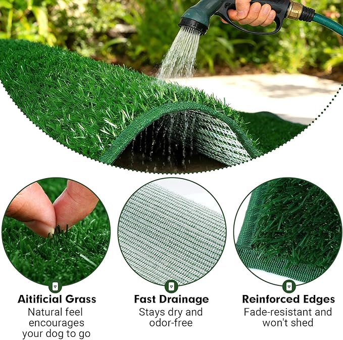 Dog Grass Pad with Tray & Drawer, Indoor Dog Potty Training System, 2 Reusable Turf Pads, 3 High Walls for Splash Protection, Easy-Clean Urine Collection Drawer for Small/Medium Dogs