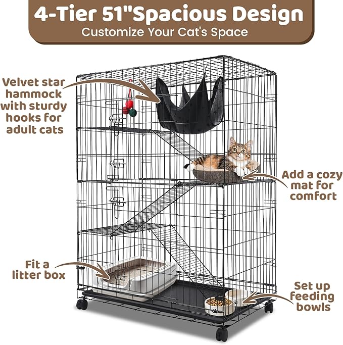 Homey Pet 51 Inch Cat Cages Indoor, Large 4-Tier Cat Crates for Indoor Cats, Collapsible Metal Wire Cat Enclosures Big Kennel for Adult Cats Kitten Kitty with Hammock, Ladders, 360° Wheels