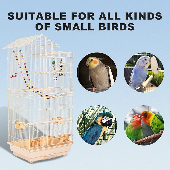 HCY Bird Cage 39 Inch Bird Cages for Parakeets Roof Top Large Flight Parrot Cage with Toys for Small Medium Birds,Cockatiel,Parakeets,Parrot,Lovebirds,Finch,Canary Bird Cage(Almond), 17''Lx13''W''39H