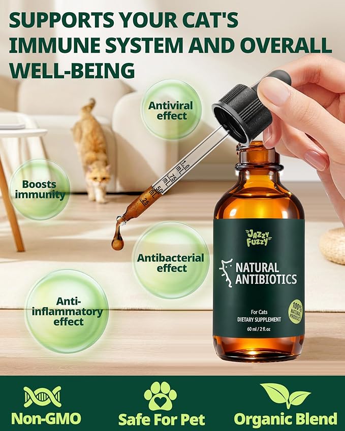 Antibiotic for Cats, Natural Cat Antibiotic Supplement with L-Lysine for Immune Support & Allergy Relief, Respiratory Health, Sneezing, Runny Nose, Infections, for All Cats, Chicken Flavor - 2 Oz