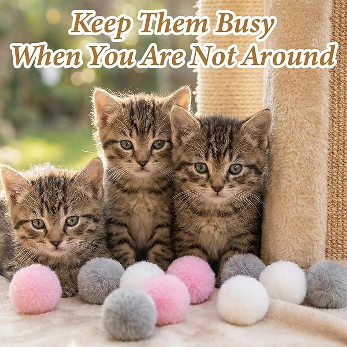 9 Pieces Furry Cat Toys Fuzzy Cat Balls Toys Pom Pom Kitty Ball Cute Rolling Cats Toy Artificial Plush Ball (Pink, Grey, White)