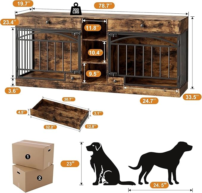GAOMON Dog Crate Furniture for 2 Dogs, 78.7'' Large Dog Kennel Indoor with 2 Storage Drawers, 3 Shelves and Feeding Bowls, Double Dog Crate TV Stand for Small and Medium Dogs, Brown
