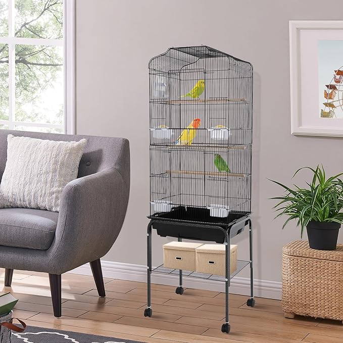 Bird Cage with Wheels, Breeding Cage Wrought Iron Flight Cage with Wooden Stand, Removable Tray & Feeding Bowls for Parrots, Canaries, Lovebirds Finches, 18" L x 14.6" W x 54" H