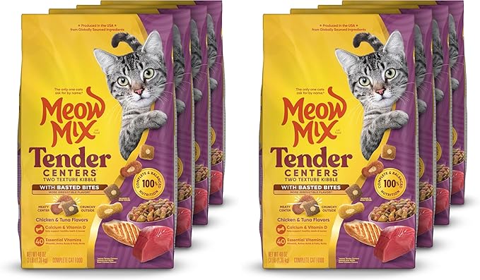 Meow Mix Tender Centers Basted Bites Dry Cat Food,Chicken & Tuna Flavor,3 Pound,Crunchy Outside Meaty Inside,(Pack of 8)