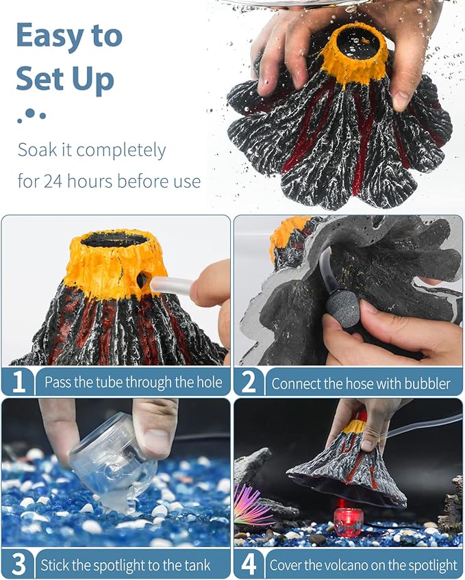 Uniclife Aquarium Volcano Ornament Kit Volcanic Eruption Decoration with Mini Air Pump Red LED Spotlight Air Stone Bubbler Airline Tubing Check Valve Fish Tank Resin Decor for Landscape and Aeration