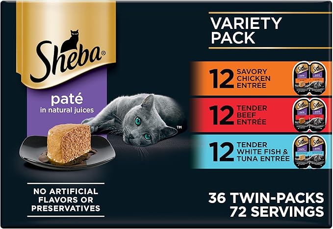 Sheba Perfect Portions Wet Cat Food Pate, Savory Chicken, Tender Beef, Tender Whitefish & Tuna Entree, Cat Food Wet Recipe Variety Pack, 2.6 oz. Twin-Pack Trays (36 Count, 72 Servings)